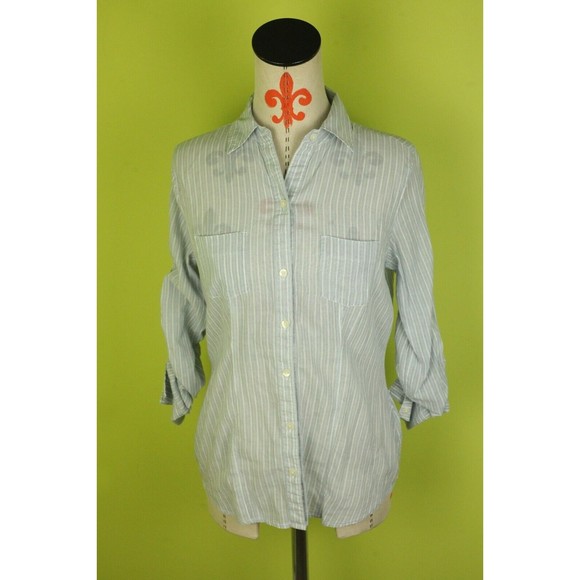 Converse One Star Sz S Women's Roll Tab Sleeve Cotton Shirt Top Blue Striped - Picture 3 of 9